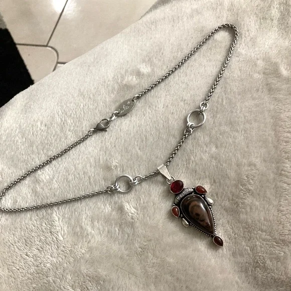 Genuine brown agate garnet and carnelian gemstones boho charm silver necklace - Picture 11 of 15